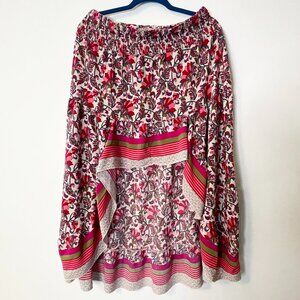 Boho Floral High Low Skirt | Pink & Red Print | Smocked Waist | Flowy - M